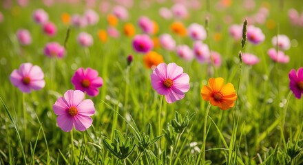 Obraz premium Vibrant cosmos flowers in a field. A profusion of pink and orange cosmos blossoms amidst green grass. Soft sunlight bathes the scene