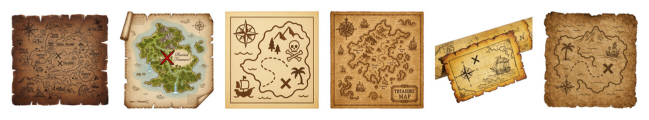 Naklejka premium Pirate treasure map set including various aged parchment, cartoon, and detailed island styles isolated. Adventure and discovery theme.