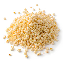 Heap of puffed rice isolated on white background, showcasing its light, airy texture and common