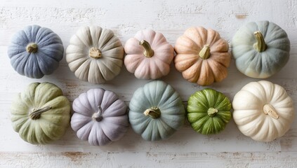Pastel mini pumpkins in soft muted colors on white wooden background, stylish autumn composition perfect for Thanksgiving, fall decor, and seasonal holiday marketing visuals.