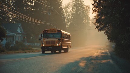 Obraz premium Classic yellow school bus driving on suburban road in soft morning sunlight, creating warm nostalgic back to school atmosphere perfect for education and transportation marketing visuals.