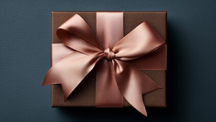 Elegant brown gift box with shiny satin ribbon bow on dark background, luxury present composition perfect for holiday, Christmas, birthday, and marketing campaign visuals.