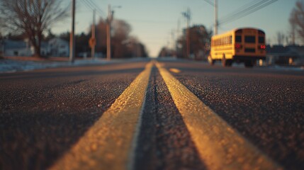 Low angle view of double yellow road lines with blurred school bus in background at sunrise, symbolizing travel, education, and back to school themes for marketing visuals.