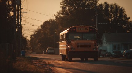 Fototapeta premium Classic yellow school bus driving on suburban street at sunset, warm golden light creating nostalgic back to school atmosphere, perfect for education and transportation marketing visuals.
