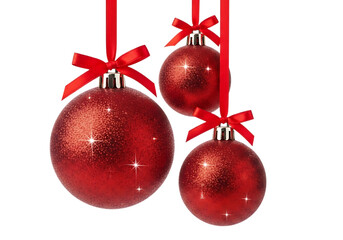 Three hanging red christmas ornaments with sparkling glare Isolated on transparent background