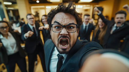 Angry boss shouting at employee in office, furious businessman with bad temper pointing finger, frustrated manager scolding worker, workplace conflict, stress, and corporate pressure background.