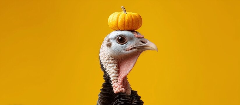 Funny turkey with a tiny pumpkin on its head over vibrant yellow background, perfect for Thanksgiving, autumn holiday designs, seasonal marketing, and festive greeting visuals.