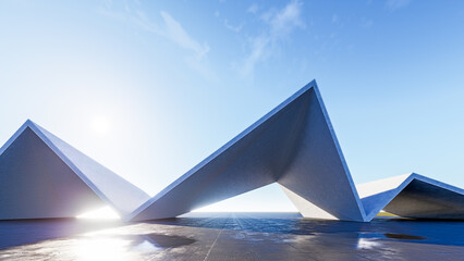 Minimalist Futuristic Triangular Concrete Structures with Sunlight. 3d rendering