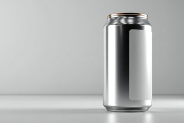 Shiny metal can with a blank label, set against a gradient background with a lit surface