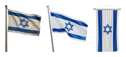 Israel flag set including vintage, waving, and banner versions isolated. National symbol and patriotism collection.