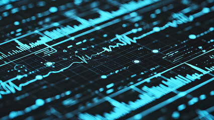 Abstract blue digital interface with grid lines and waveforms on a dark background display panel 