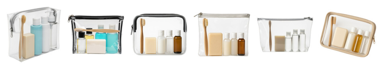 Clear travel toiletry bag set including zippered pouches with bamboo toothbrush, soap, and bottles isolated. Personal care and hygiene collection.