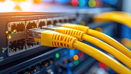 Network cables connected to switch provide high-speed data transfer in a modern server room, ensuring reliable internet and seamless digital communication.