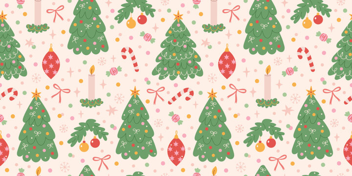 Fototapeta Christmas vintage preppy seamless pattern. Xmas holiday background with hand drawn Christmas tree, bow, candle, confetti, star, snowflakes, candy cane. Vector illustration.