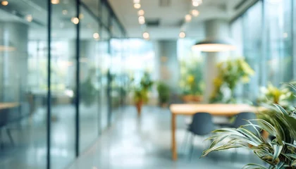 Selbstklebende Fototapeten Pflanzen Abstract office interior background. Blurry office space. Modern workspace design. Glass walls, blurred furniture, plants. Natural light, commercial building, business concept, indoor. High quality  © hao