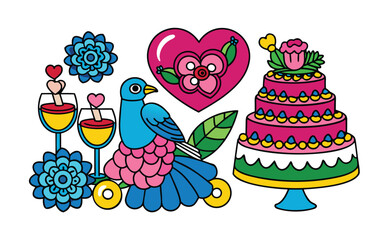 Romantic wedding doodle composition of swans, decorated cake with hearts, flower bouquet, and love-themed champagne flutes arranged in a graceful festive manner