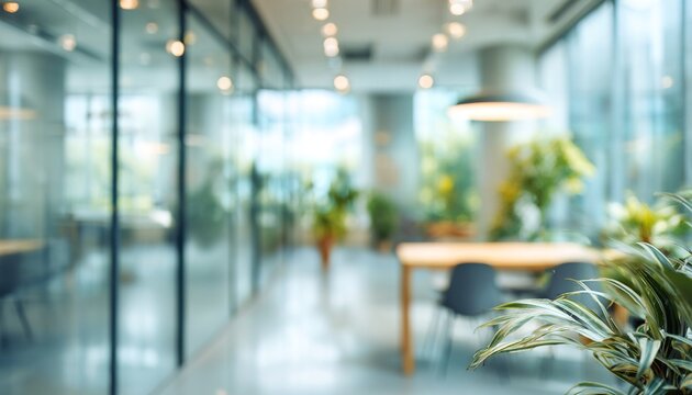 Abstract office interior background. Blurry office space. Modern workspace design. Glass walls, blurred furniture, plants. Natural light, commercial building, business concept, indoor. High quality