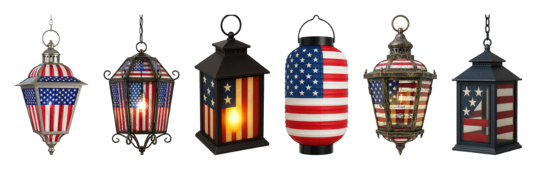 American flag lantern set including metal, glass, and paper styles isolated. Patriotic decor and celebration items.