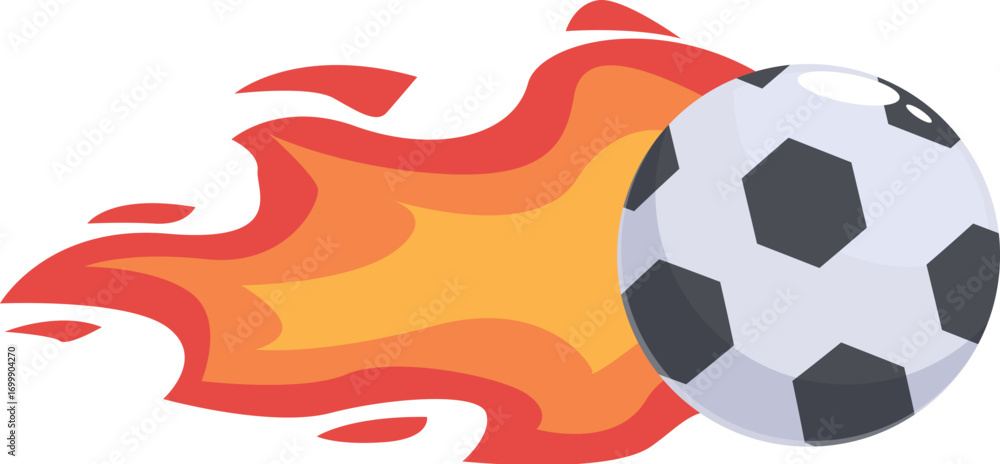 Poster soccer ball with flames trailing behind, symbolizing speed and power in a sporting event