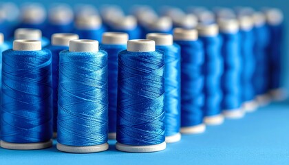 Spools of vibrant blue thread arranged neatly on table for sewing, tailoring, embroidery, crafts, and textile projects in a bright workspace.