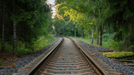 Perspective view of empty train tracks winding through a dense green forest