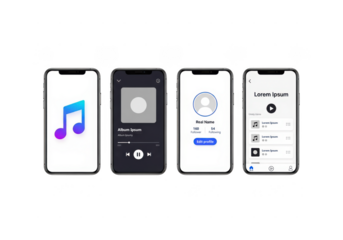 Four smartphone screens displaying different app interfaces isolated on transparent background