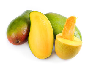 Fresh Ripe Mango Fruit with Golden Flesh and Green Peel Isolated on White Background
