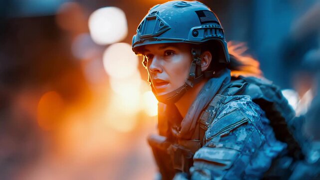 Determined female soldier in combat gear looking ahead with focus and determination
