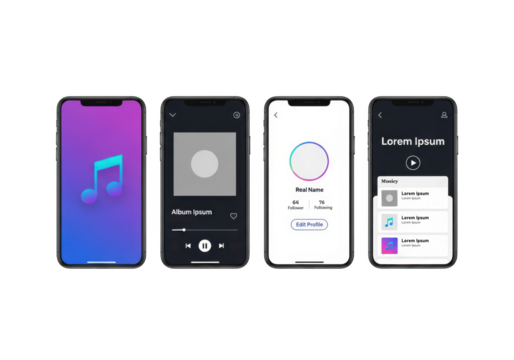 Music player app interface on smartphone isolated on transparent background
