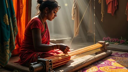 Woman weaving traditional indian fabric on handloom, skilled artisan creating textile craft, cultural tradition, footage