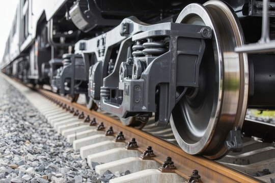 Closeup of a train wheel and suspension system on a railway track