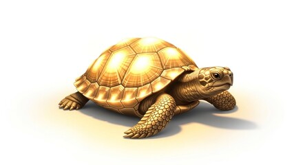 Fototapeta premium A golden tortoise, radiant and detailed, stands out against a plain white background.