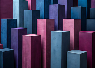 Abstract geometric arrangement of tall slender pillars in shades of purple pink and blue