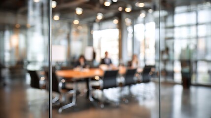 Defocused board meeting background behind glass wall. High quality