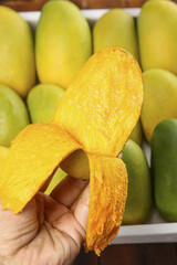 Fresh Ripe Mango Slice in Hand with Tropical Fruits Background - Natural Yellow Flesh and Skin Texture