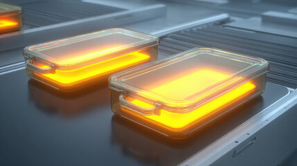 x-ray style image of suitcase contents on conveyor belt glowing edges no text high contrast illustration concept scene visual for commercial design use high detail quality stock image illustration