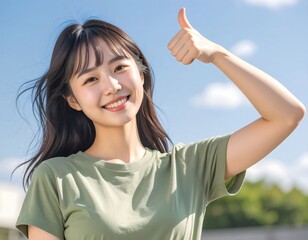 青空の下で最高の笑顔とグッドサイン