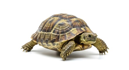 Obraz premium A captivating image of a land tortoise, showcasing intricate patterns and textures on its shell, set against a plain white background.