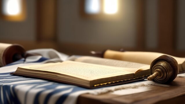 Sacred Jewish Religious Symbols, Open Prayer Book and Torah Scrolls, for Yom Kippur or High Holy Days