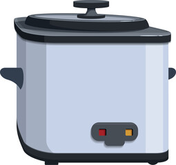 Gray multicooker with black lid and handle, featuring steam valve and indicator lights, ideal for cooking rice and other meals