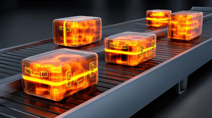 x-ray style image of suitcase contents on conveyor belt glowing edges no text high contrast illustration concept scene visual for commercial design use high detail quality stock image illustration