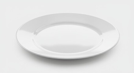 A clean, round, white dinner plate sits on a plain white surface, showcasing its smooth, glossy finish.