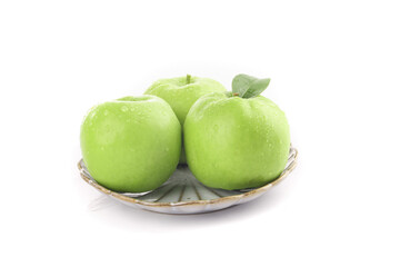 Fresh Green Apples on Plate White Background Healthy Fruit Snack