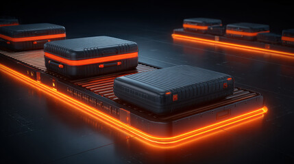 x-ray style image of suitcase contents on conveyor belt glowing edges no text high contrast illustration concept scene visual for commercial design use high detail quality stock image illustration
