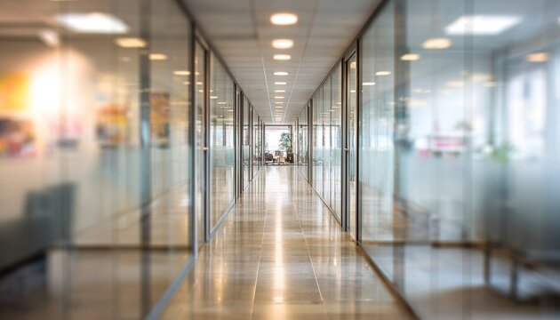 Blurred office hallway with glass walls and neutral colors creates a sense of space. Professional photos for backgrounds for text, banners, posters, and web displays. High quality
