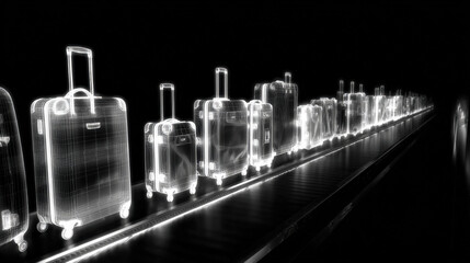 x-ray style image of suitcase contents on conveyor belt glowing edges no text high contrast illustration concept scene visual for commercial design use high detail quality stock image illustration