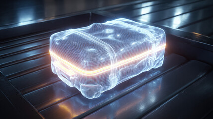 x-ray style image of suitcase contents on conveyor belt glowing edges no text high contrast illustration concept scene visual for commercial design use high detail quality stock image illustration
