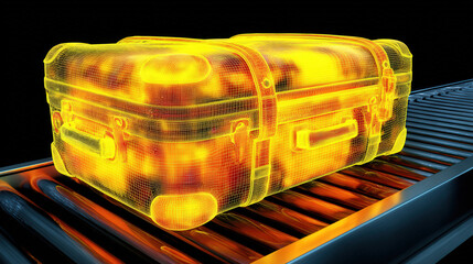 x-ray style image of suitcase contents on conveyor belt glowing edges no text high contrast illustration concept scene visual for commercial design use high detail quality stock image illustration