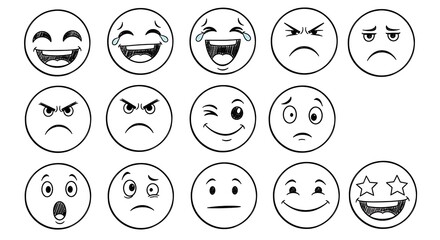 Collection of hand drawn smiley faces with various emotions and expressions