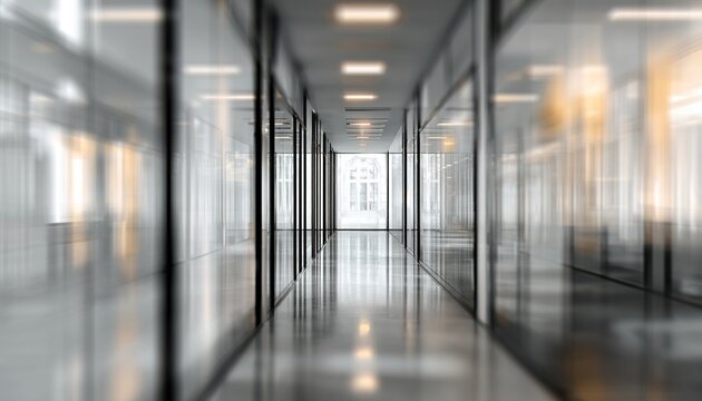 Blurred office hallway with glass walls and neutral colors creates a sense of space. Professional photos for backgrounds for text, banners, posters, and web displays. High quality